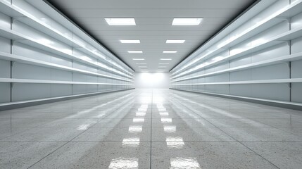Empty supermarket aisle with white shelving.
