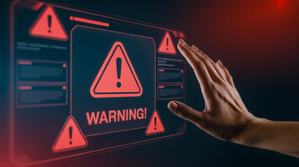 A hand interacts with a futuristic digital interface displaying a critical security warning for a system breach