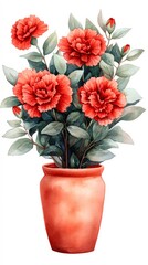 Obraz premium A beautiful watercolor illustration of vibrant red flowers in a terracotta pot, ideal for decor, invitations, or botanical-themed projects, adding a touch of nature's beauty to any design,