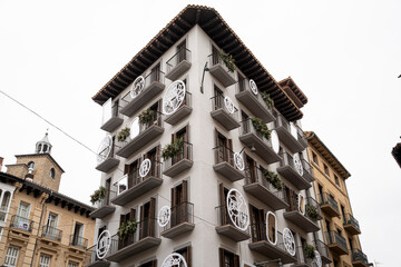 Unique architectural design of a modern building in Pamplona Navarra, Spain, showcasing playful...