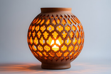 An ornate terracotta lantern with intricate geometric cutouts glows with a warm, golden light from within.