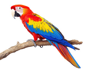 Obraz premium Tropical forest portrait of a colorful scarlet macaw parrot. Isolated on transparent background, png.