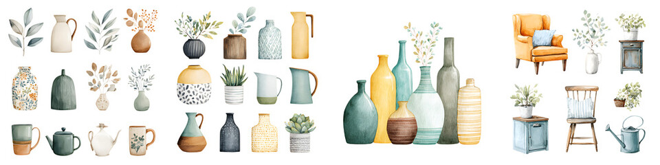 Watercolor Illustration Set of Vases and Decor