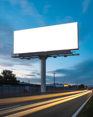Large blank billboard on highway at dusk with light trails white advertising