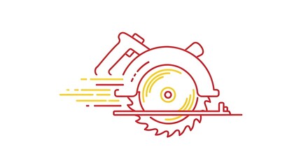 Circular Saw in Action: A dynamic line art illustration of a circular saw cutting through wood, showcasing speed and precision in a minimalist design.