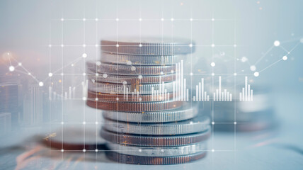 Stacked coins with financial graph overlay finance