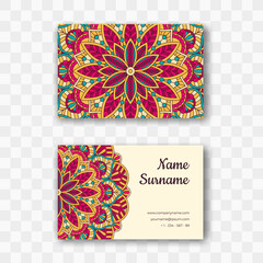Vector business card design in oriental style. Round mandala layout, Islam, Arabic, Indian motifs. Vintage visiting card for employees of yoga studios, tattoo parlors, beauty clinics, massage rooms