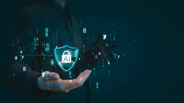 Person holding glowing A I security shield with digital data streams artificial intelligence