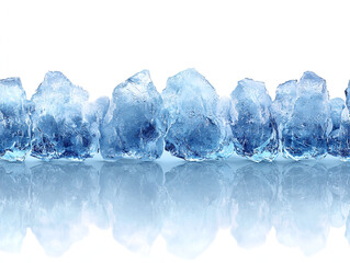 Obraz premium A row of blue crushed ice chunks on a reflective surface against a clean white background.