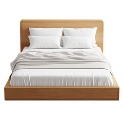 A modern wooden bed frame with white linen bedding and pillows for comfort background