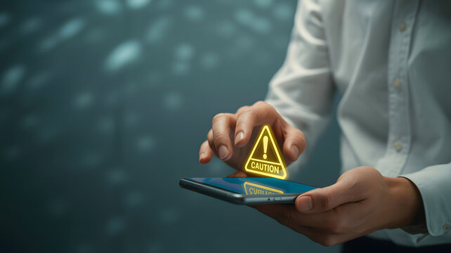 Person holding smartphone displaying glowing yellow caution warning sign hands mobile phone