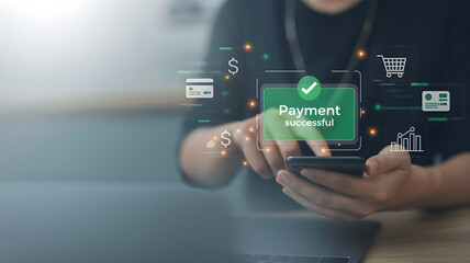 Obraz premium Person using smartphone with digital payment success interface and icons mobile payment