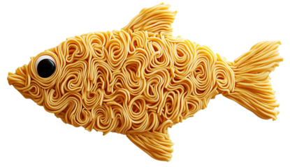 Creative fish shape made from ramen noodles with playful expression, showcasing intricate noodle patterns and whimsical design., isolated