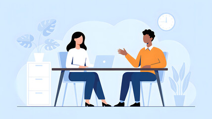 Two people in an office meeting with a laptop and plants business discussion