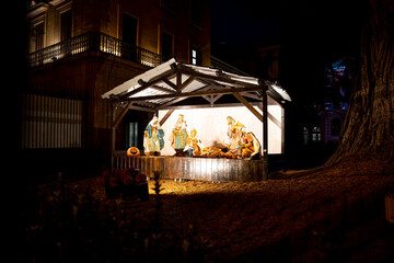Nativity scene illuminated at night in Pamplona, Navarra, Spain during the festive holiday season