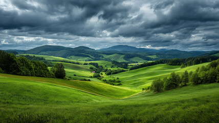 Fototapeta premium Rolling Green Hills Under Dramatic Cloudscape no blur, clear view, real look, nature