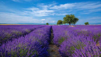 Obraz premium Lavender Field in Full Bloom Under Clear Blue Sky no blur, clear view, real look, nature