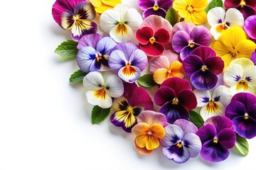 Colorful Pansies on White Background, Fresh Spring Flowers in Bloom Arrangement