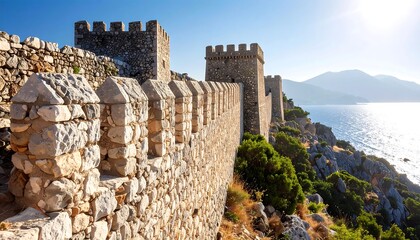 Stone Fortress Wall Along Coastline with Sea and Mountain Views