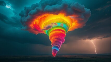 A surreal digital painting of a rainbow tornado made of glowing, fluffy clouds in vivid colors twisting into a dark stormy sky, with lightning on the horizon and a dramatic, cinematic fantasy atmosphe