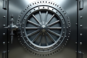 Fototapeta premium Massive Circular Steel Bank Vault Door with Central Locking Wheel