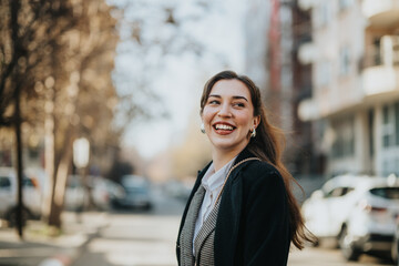 A cheerful young woman smiles confidently on a sunny day in a modern cityscape environment,...