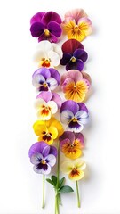 Colorful row of pansy flowers in full bloom on a white background