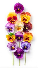 Elegant and Colorful Pansies Arranged in a Vertical Row on White Background