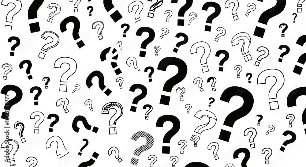 Poster White background scattered with black question marks of varying sizes and styles, symbolizing inquiry, uncertainty, or a quest for knowledge