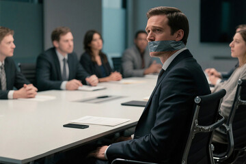 Businessman silenced with duct tape in a boardroom meeting, symbolizing corporate censorship, lack of voice, and suppressed dissent in the workplace. Concept of control and conformity.
