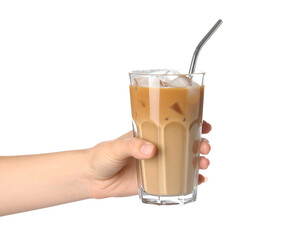 Hand Stirring Iced Latte with Metal Straw in Glass on Transparent Background