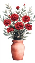 Obraz premium A vibrant bouquet of red flowers in a clay pot, suitable for home decor, greeting cards, or floral-themed projects, Its artistic style adds elegance to any design context,