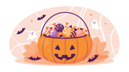 A pumpkin shaped basket full of candy with bats and ghosts in a halloween themed illustration