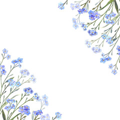 Watercolor floral frame with blue forget-me-nots. Hand-painted delicate flowers placed in the corners of a border. Template on a white background for greeting cards, wedding invitations, postcards.