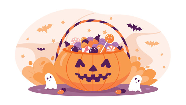 A halloween pumpkin basket filled with candy surrounded by bats and ghosts on a light background