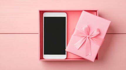 A stylish smartphone placed in an open pink gift box, perfect for showcasing gift ideas for tech enthusiasts, Ideal for marketing campaigns, social media