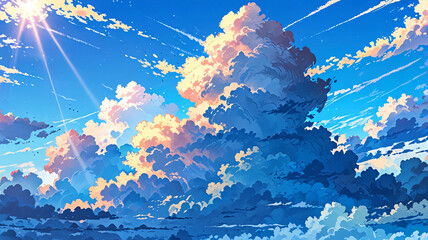 Bright sunlight breaks through fluffy pink and white clouds across a vivid blue sky