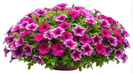 Abundance of Magenta Petunia Flowers Blooming in a Pot against a White Background