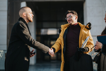 Two individuals shake hands outdoors, showcasing teamwork and collaboration in a professional...