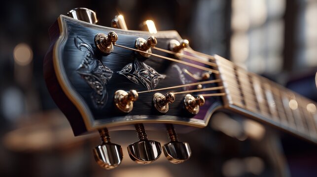 Artistic close-up of an elegant acoustic guitar headstock with golden hardware
