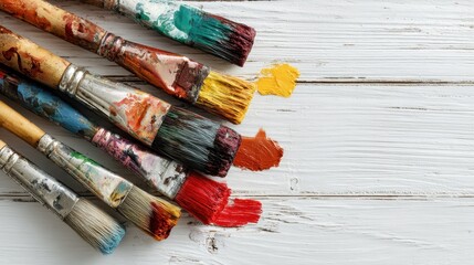 Obraz premium Flat lay of paint brushes and smeared colorful paints on clean white wood, realistic artistic painter workspace texture with creative vibrant design studio environment