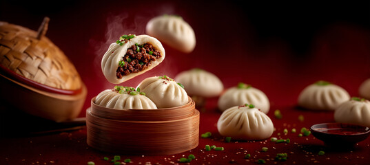 Creative food template. Steamer steam basket of baozi, Chinese stuffed steamed bun bao with meat filling, chopped green onions and fried garlic on red background flying scattered. copy text space