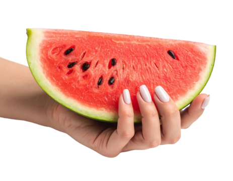 Female Hands with Red Manicure on Fresh Watermelon Slice with Green Leaves on Transparent Background