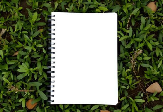A blank spiral notebook mockup placed on nature background, front cover closed, top-down view, soft natural lighting, perfect for stationery or journaling theme.