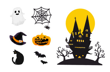 Hand-drawn Halloween Clipart Set – Spider Web, Bat, Witch Hat