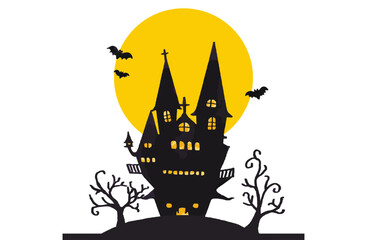 Haunted house with full moon and bats - Halloween night illustration