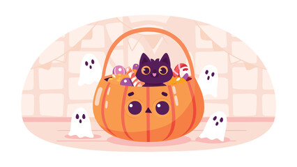 Fototapeta premium A halloween scene with a black cat in a pumpkin basket surrounded by floating cartoon ghosts near window