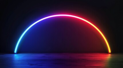 Neon rainbow arch over a wooden floor