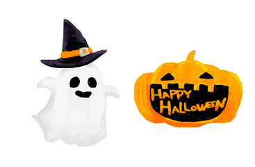 ハロウィンのロゴ入りかぼちゃと帽子をかぶった幽霊のセット