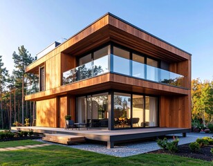 Two-Story Contemporary House with Wood Facade and Glass Balconies under Clear Blue Sky